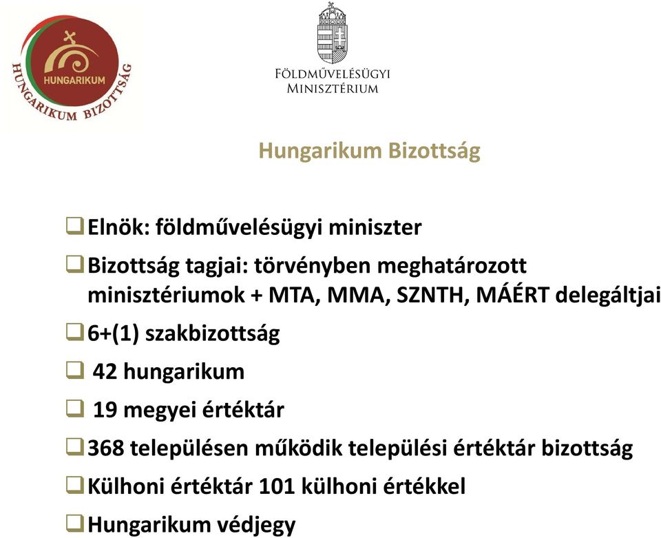 6+(1) szakbizottság 42 hungarikum 19 megyei értéktár 368 településen működik