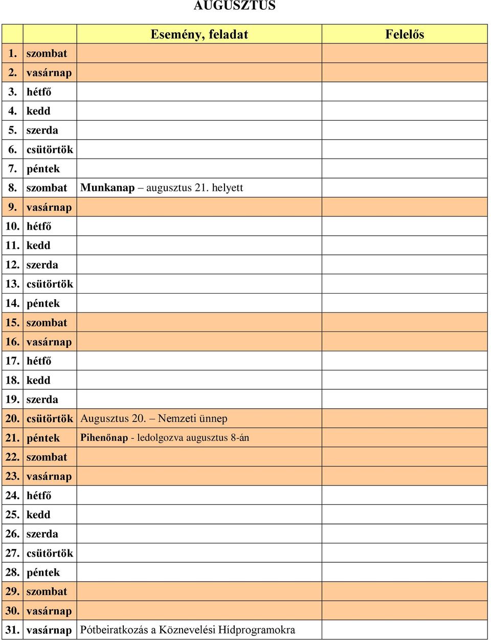 szerda 20. csütörtök Augusztus 20. Nemzeti ünnep 21. péntek Pihenőnap - ledolgozva augusztus 8-án 22. szombat 23.
