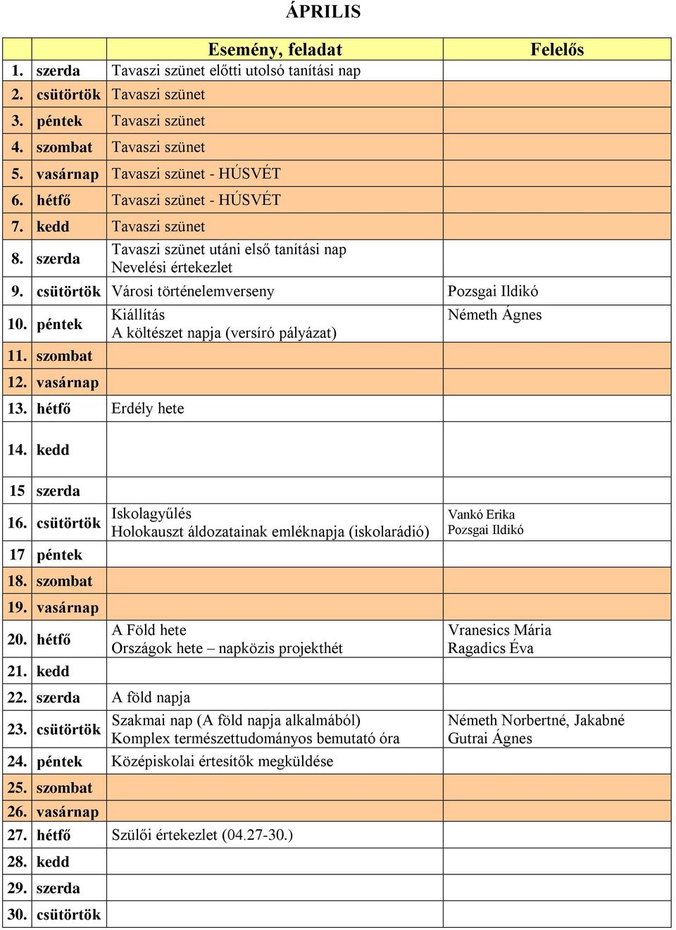 szombat 12. vasárnap 13. hétfő Erdély hete 14. kedd Kiállítás A költészet napja (versíró pályázat) Németh Ágnes 15 szerda 16.