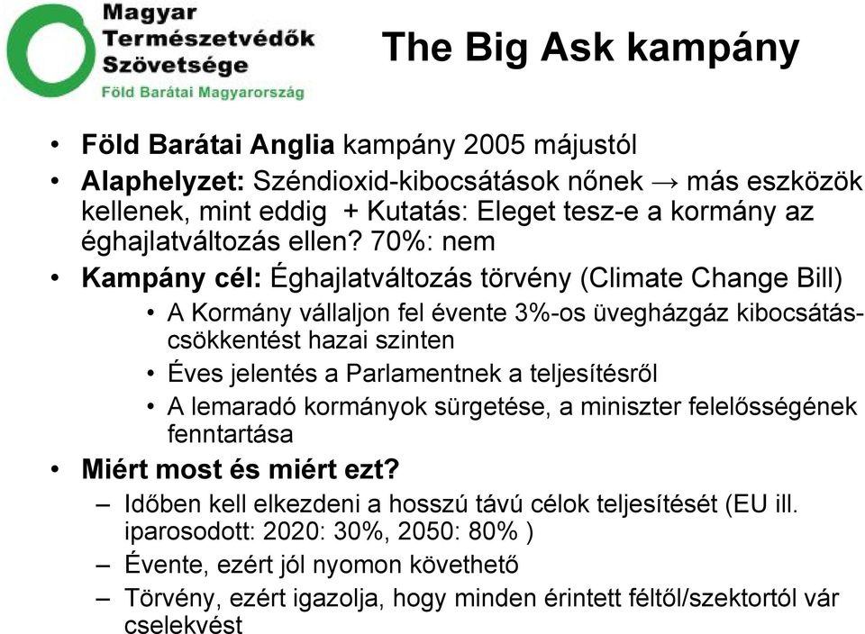 70%: nem Kampány cél: Éghajlatváltozás törvény (Climate Change Bill) A Kormány vállaljon fel évente 3%-os üvegházgáz kibocsátáscsökkentést hazai szinten Éves jelentés a