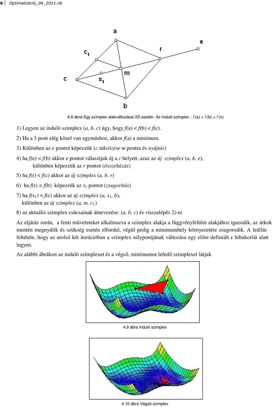 3) Különben az e pontot képezzük (c tükrözése m pontra és nyújtás) 4) ha f(e) < f(b) akkor e pontot választjuk új a c helyett, azaz az új szimplex (a, b, e), különben képezzük az r pontot