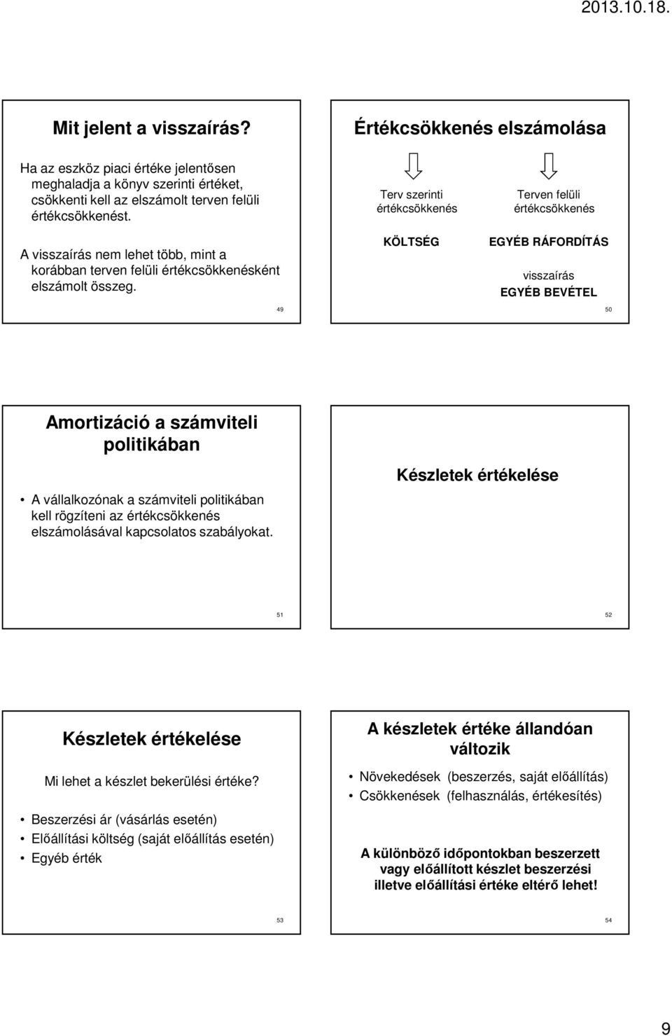 49 Terv szerinti értékcsökkenés KÖLTSÉG Terven felüli értékcsökkenés EGYÉB RÁFORDÍTÁS visszaírás EGYÉB BEVÉTEL 50 Amortizáció a számviteli politikában A vállalkozónak a számviteli politikában kell