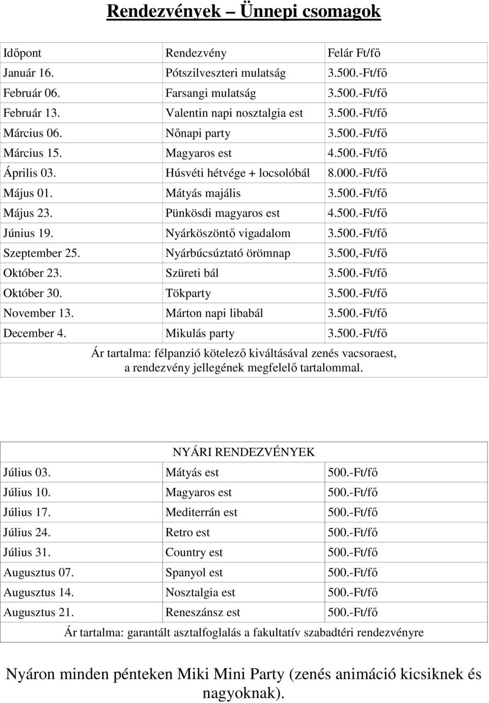 Nyárköszöntı vigadalom 3.500.-Ft/fı Szeptember 25. Nyárbúcsúztató örömnap 3.500,-Ft/fı Október 23. Szüreti bál 3.500.-Ft/fı Október 30. Tökparty 3.500.-Ft/fı November 13. Márton napi libabál 3.500.-Ft/fı December 4.