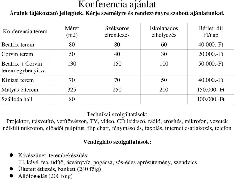 000.-Ft Kinizsi terem 70 70 50 40.000.-Ft Mátyás étterem 325 250 200 150.000.-Ft Szálloda hall 80 100.000.-Ft Technikai szolgáltatások: Projektor, írásvetítı, vetítıvászon, TV, video, CD lejátszó,
