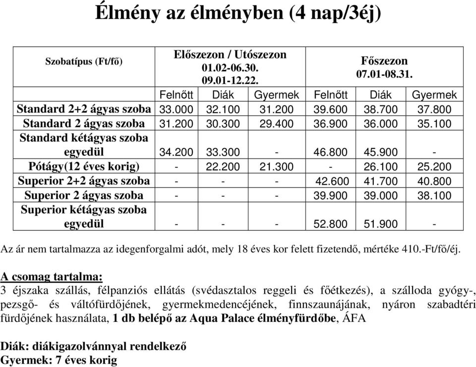 100 25.200 Superior 2+2 ágyas szoba - - - 42.600 41.700 40.800 Superior 2 ágyas szoba - - - 39.900 39.000 38.100 Superior kétágyas szoba egyedül - - - 52.800 51.