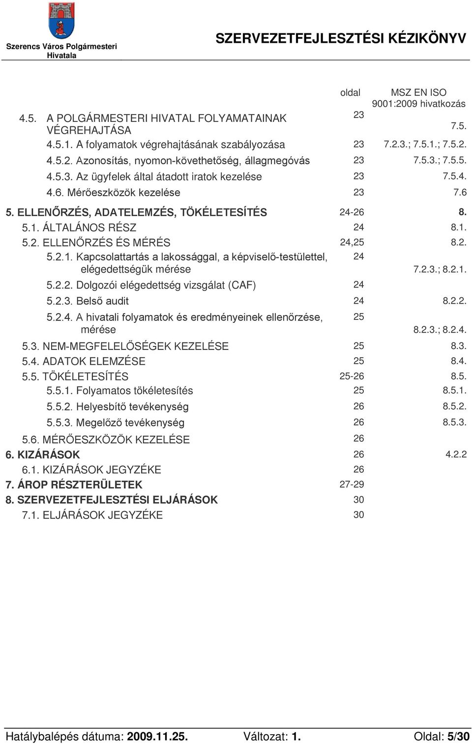 2. 5.2.1. Kapcsolattartás a lakossággal, a képviselő-testülettel, elégedettségük mérése 24 7.2.3.; 8.2.1. 5.2.2. Dolgozói elégedettség vizsgálat (CAF) 24 5.2.3. Belső audit 24 8.2.2. 5.2.4. A hivatali folyamatok és eredményeinek ellenőrzése, mérése 25 8.