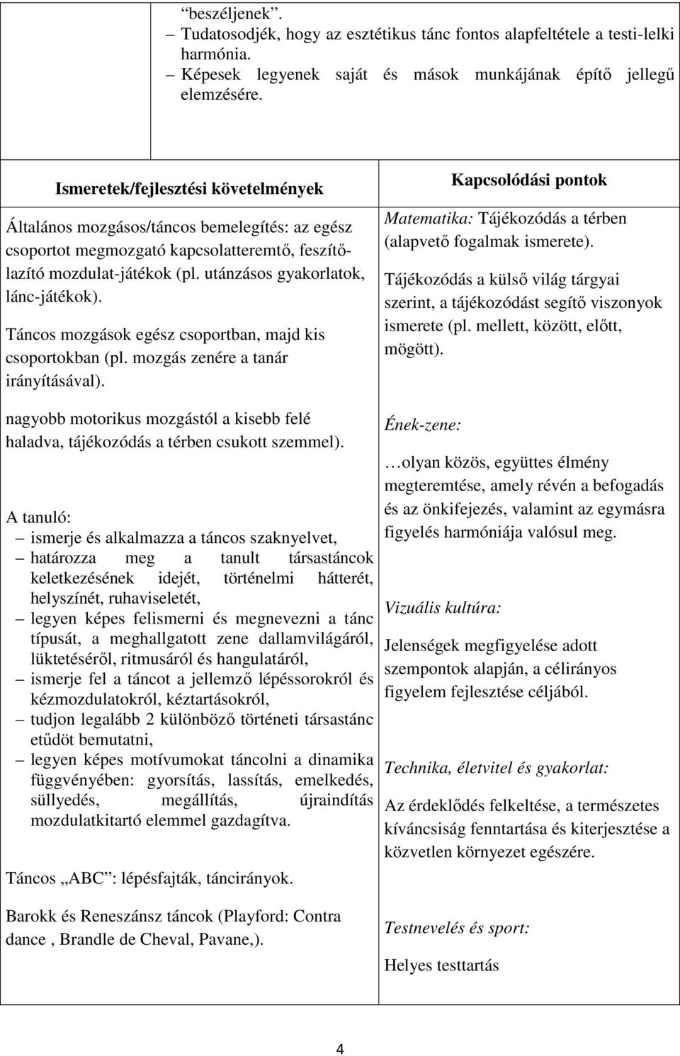 Táncos mozgások egész csoportban, majd kis csoportokban (pl. mozgás zenére a tanár irányításával). Kapcsolódási pontok Matematika: Tájékozódás a térben (alapvető fogalmak ismerete).