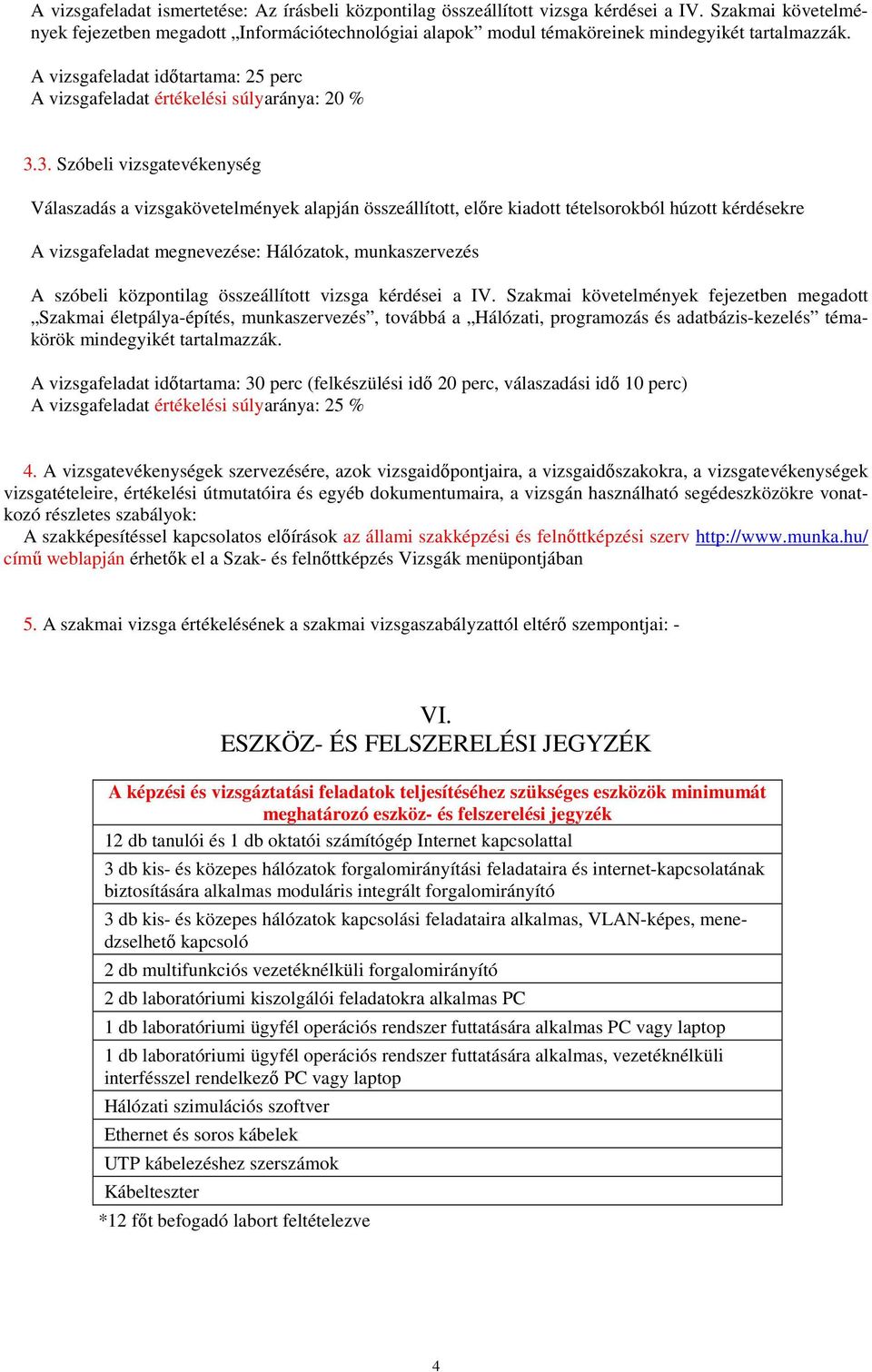 3. Szóbeli vizsgatevékenység Válaszadás a vizsgakövetelmények alapján összeállított, előre kiadott tételsorokból húzott kérdésekre A vizsgafeladat megnevezése: Hálózatok, munkaszervezés A szóbeli