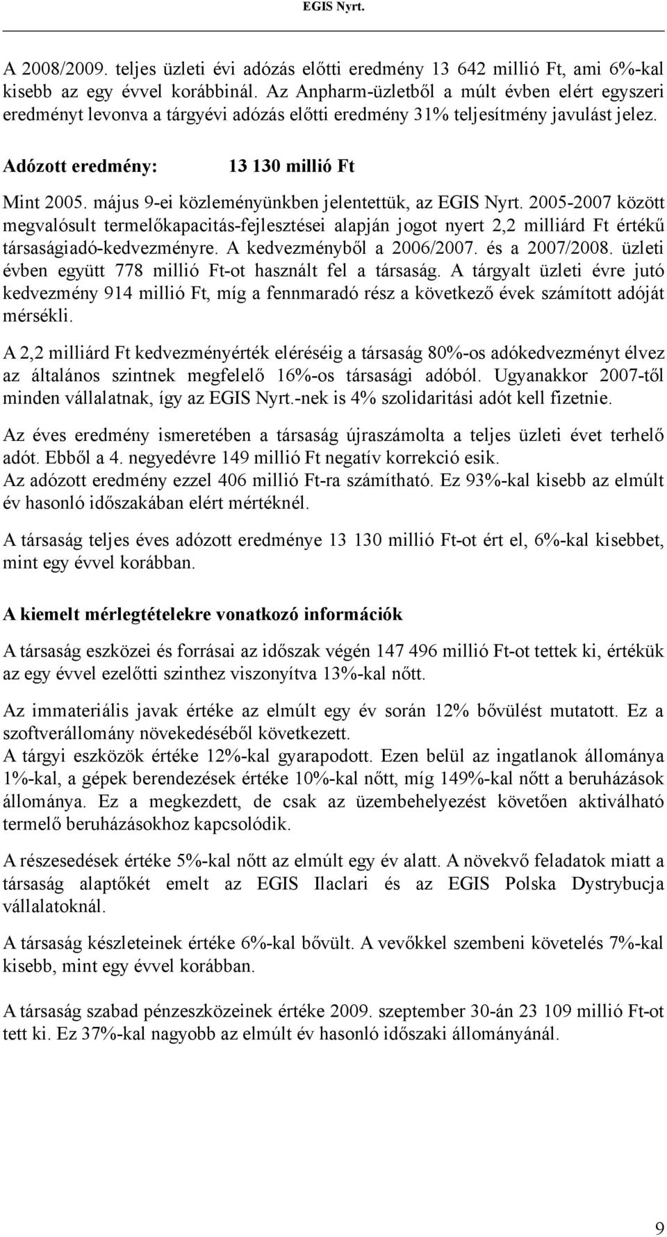 május 9-ei közleményünkben jelentettük, az EGIS Nyrt. 2005-2007 között megvalósult termelőkapacitás-fejlesztései alapján jogot nyert 2,2 milliárd Ft értékű társaságiadó-kedvezményre.