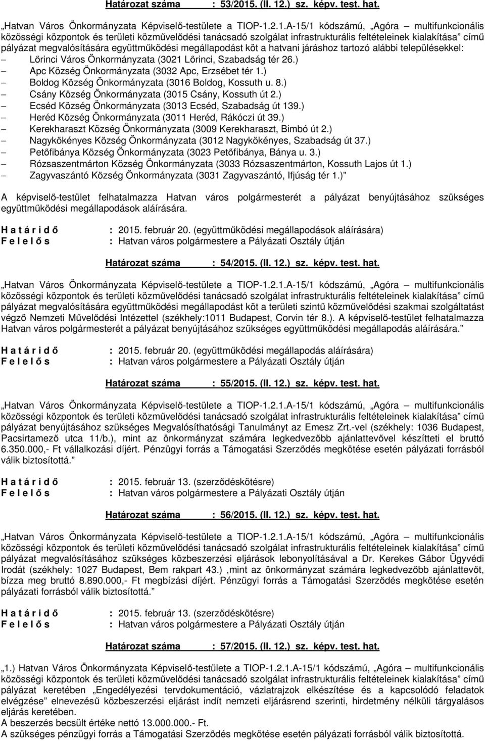 ) Apc Község Önkormányzata (3032 Apc, Erzsébet tér 1.) Boldog Község Önkormányzata (3016 Boldog, Kossuth u. 8.) Csány Község Önkormányzata (3015 Csány, Kossuth út 2.