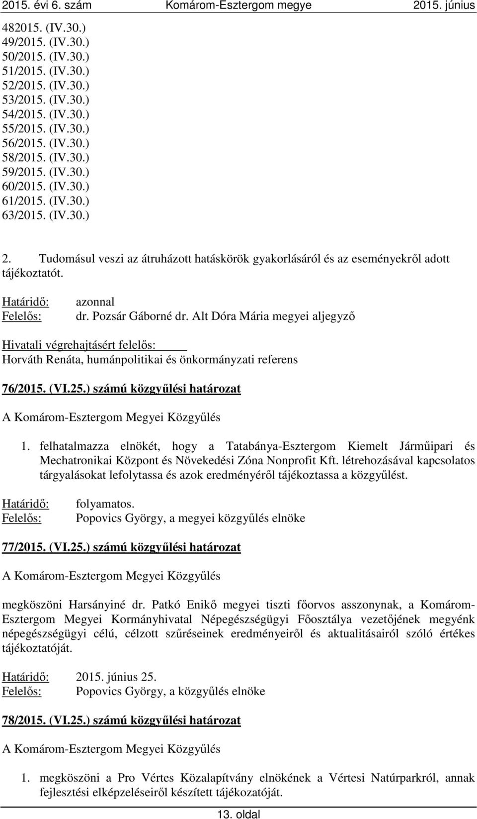 Alt Dóra Mária megyei aljegyző Hivatali végrehajtásért felelős: Horváth Renáta, humánpolitikai és önkormányzati referens 76/2015. (VI.25.
