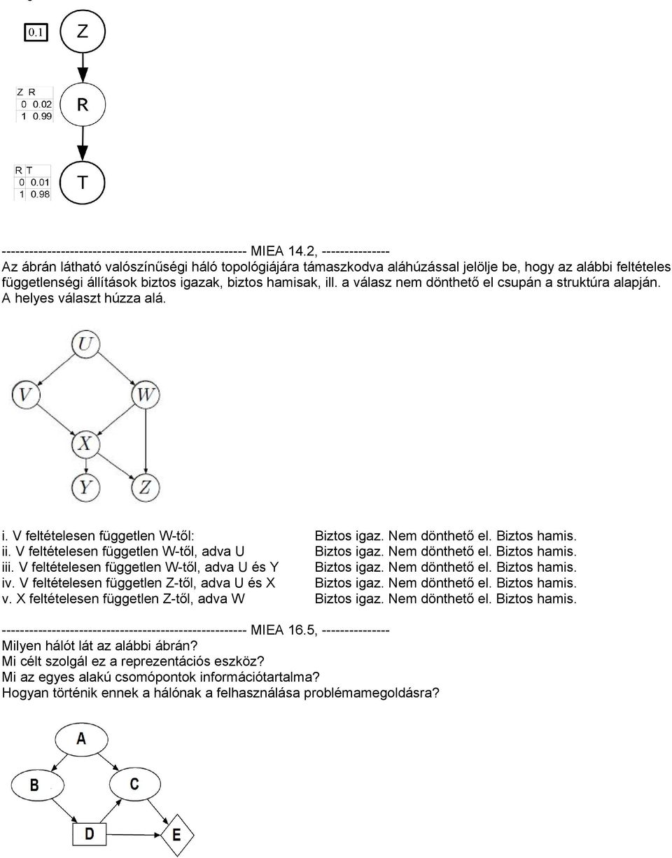 a válasz nem dönthető el csupán a struktúra alapján. A helyes választ húzza alá. i. V feltételesen független W-től: Biztos igaz. Nem dönthető el. Biztos hamis. ii.