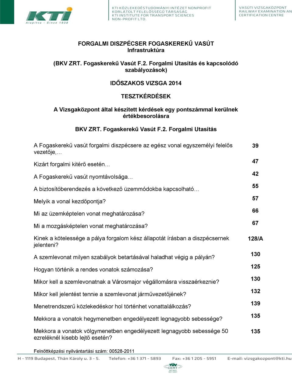 14 TESZTKÉRDÉSEK A Vizsgaközpont által készített kérdések egy pontszámmal kerülnek értékbesorolásra BKV ZRT. Fogaskerekű Vasút F.2.