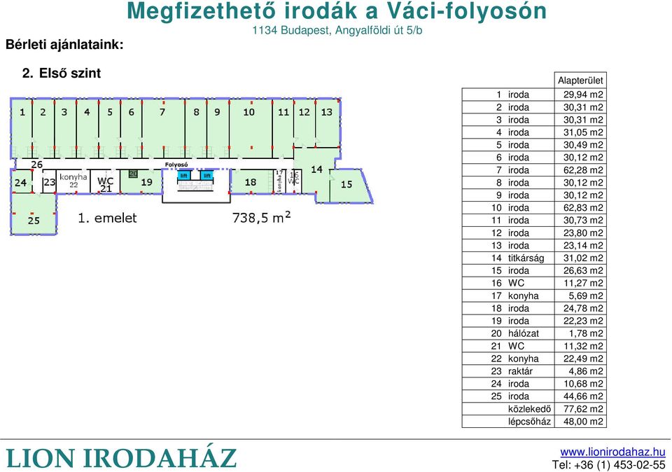 iroda 62,28 m2 8 iroda 30,12 m2 9 iroda 30,12 m2 10 iroda 62,83 m2 11 iroda 30,73 m2 12 iroda 23,80 m2 13 iroda 23,14 m2 14