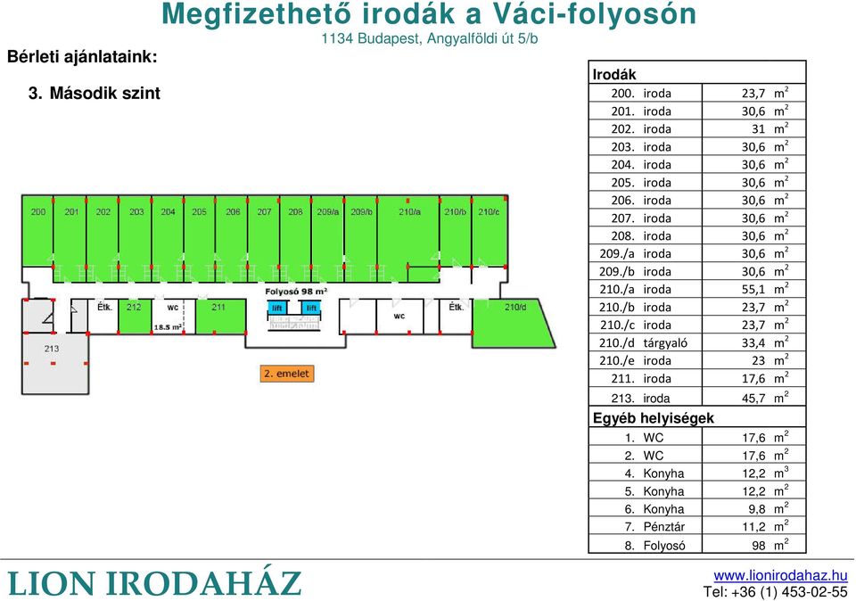 /b iroda 30,6 m 2 210./a iroda 55,1 m 2 210./b iroda 23,7 m 2 210./c iroda 23,7 m 2 210./d tárgyaló 33,4 m 2 210./e iroda 23 m 2 211.