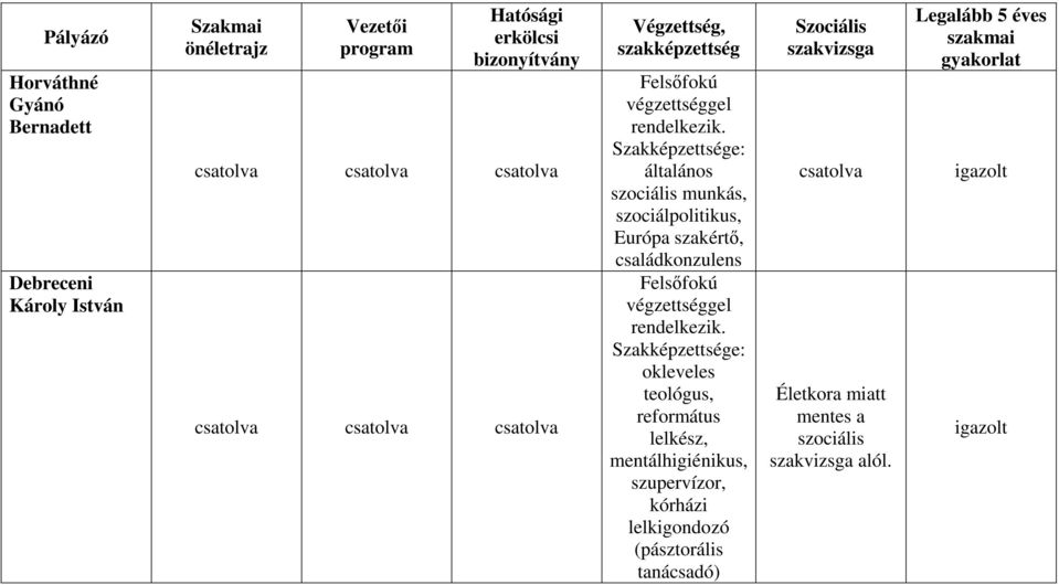 Szakképzettsége: általános szociális munkás, szociálpolitikus, Európa szakértő, családkonzulens Felsőfokú végzettséggel rendelkezik.