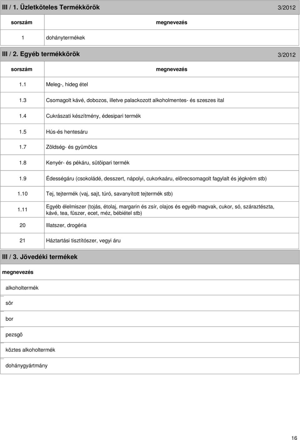 7 Hús-és hentesáru Zöldség- és gyümölcs.8 Kenyér- és pékáru, sütõipari termék.9.0.