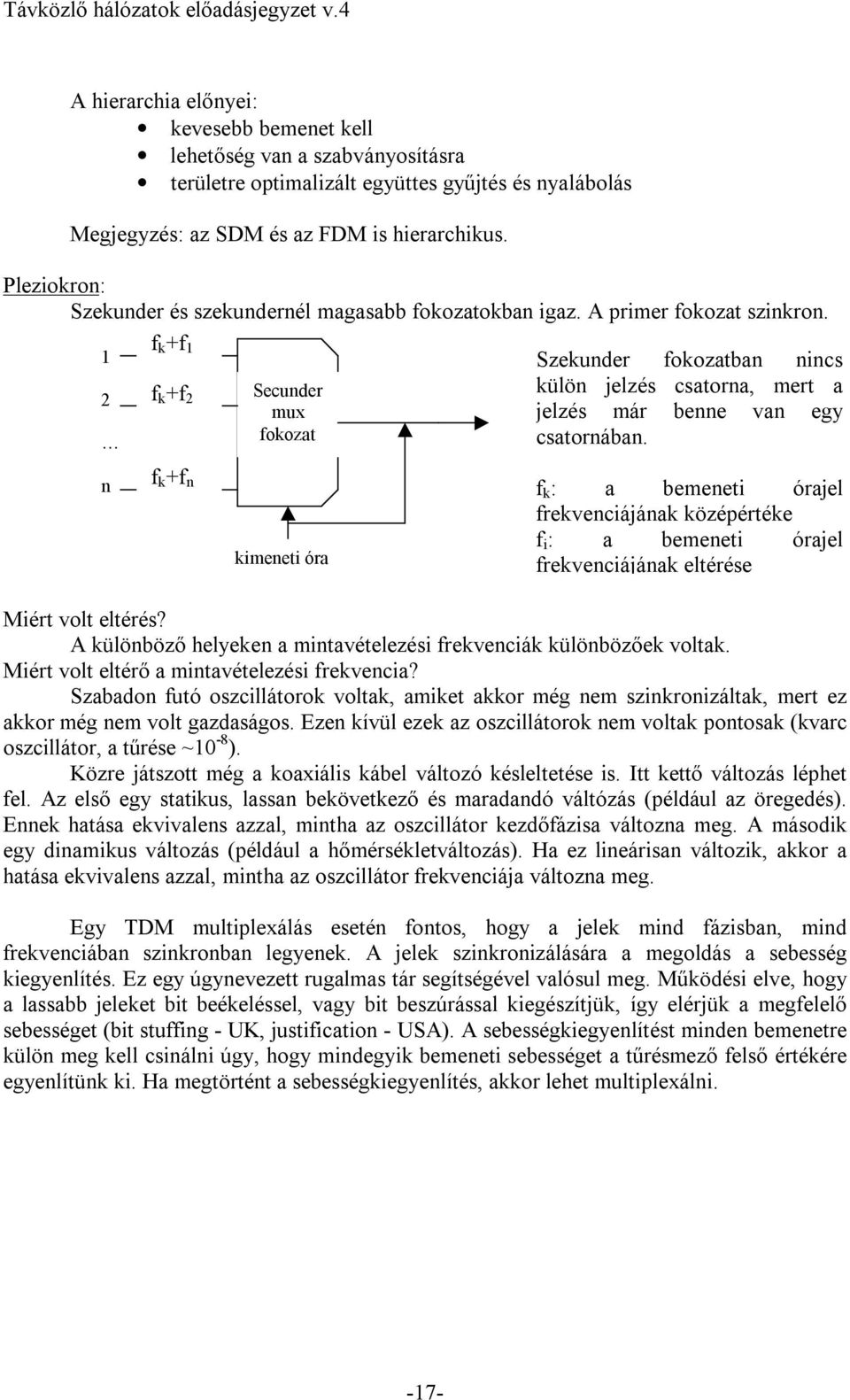 1 2 f k +f 1 f k +f 2 Secunder mux fokozat Szekunder fokozatban nincs külön jelzés csatorna, mert a jelzés már benne van egy csatornában.