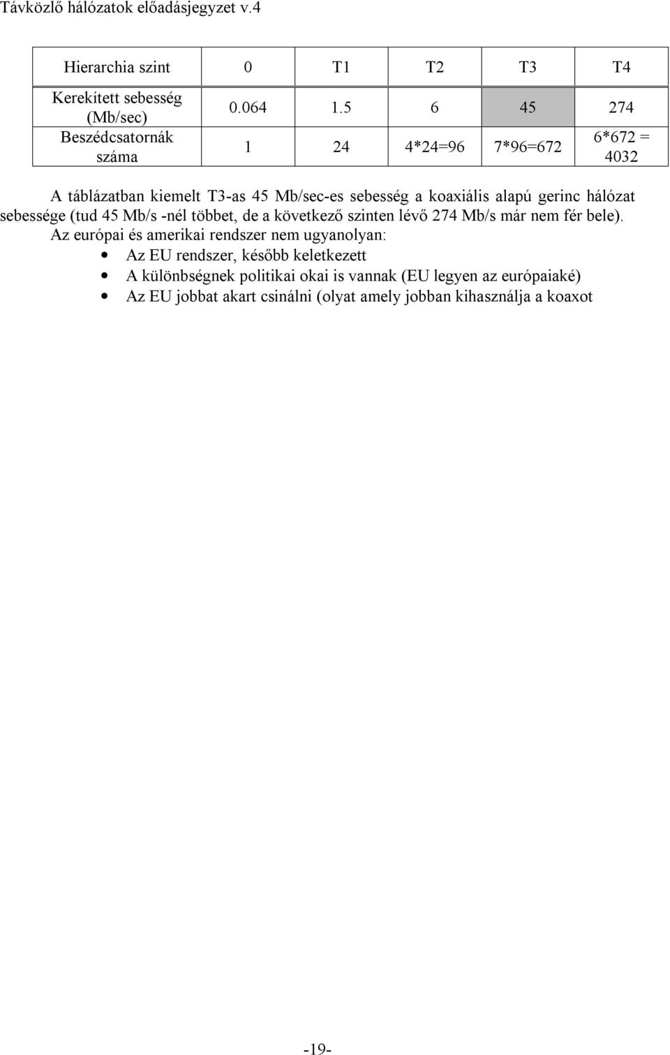 sebessége (tud 45 Mb/s -nél többet, de a következő szinten lévő 274 Mb/s már nem fér bele).