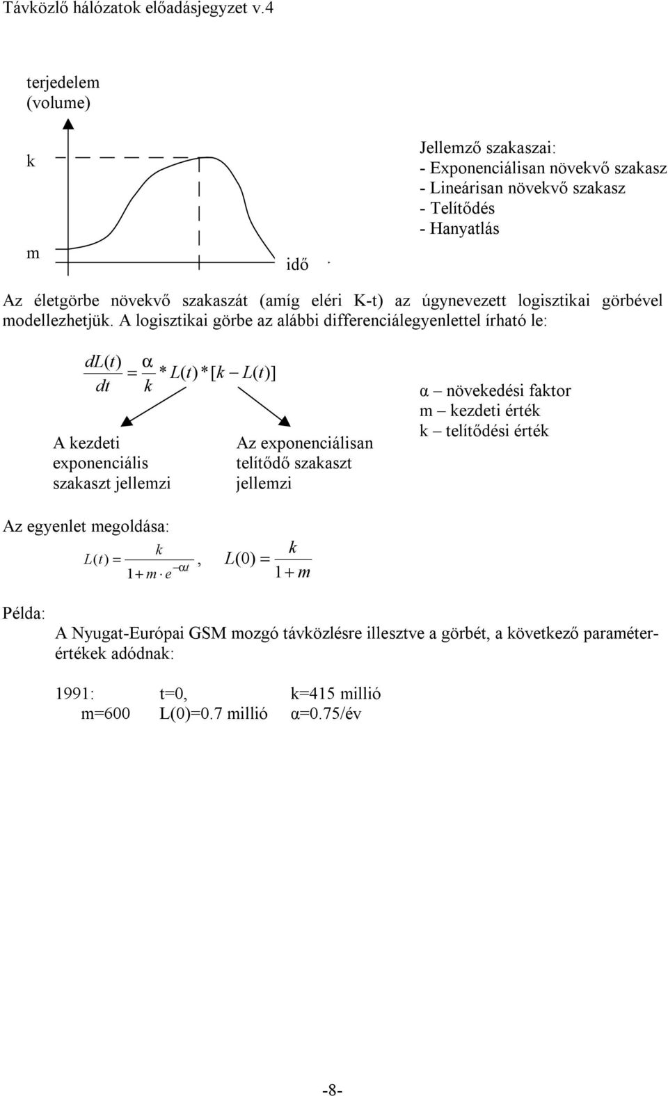 A logisztikai görbe az alábbi differenciálegyenlettel írható le: dl( t) = α * L( t)*[ k L( t)] dt k A kezdeti exponenciális szakaszt jellemzi Az exponenciálisan telítődő