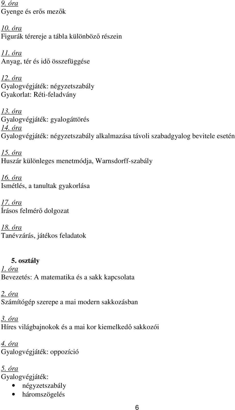 óra Gyalogvégjáték: négyzetszabály alkalmazása távoli szabadgyalog bevitele esetén 15. óra Huszár különleges menetmódja, Warnsdorff-szabály 16. óra 17. óra 18.