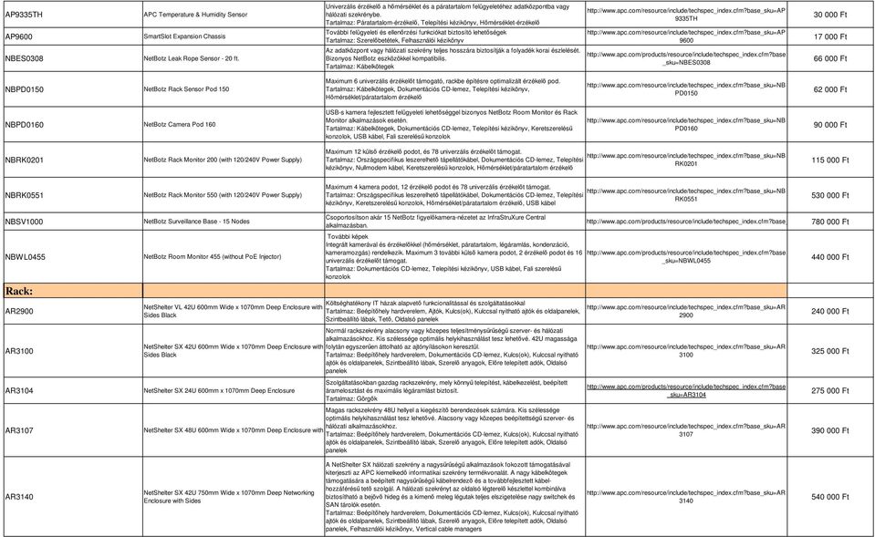 Tartalmaz: Páratartalom-érzékelő, Telepítési kézikönyv, Hőmérséklet-érzékelő További felügyeleti és ellenőrzési funkciókat biztosító lehetőségek Tartalmaz: Szerelőbetétek, Felhasználói kézikönyv Az