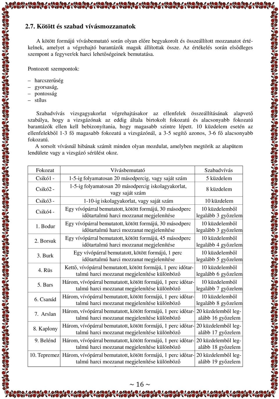 Pontozott szempontok: harcszerőség gyorsaság, pontosság stílus Szabadvívás vizsgagyakorlat végrehajtásakor az ellenfelek összeállításának alapvetı szabálya, hogy a vizsgázónak az eddig általa