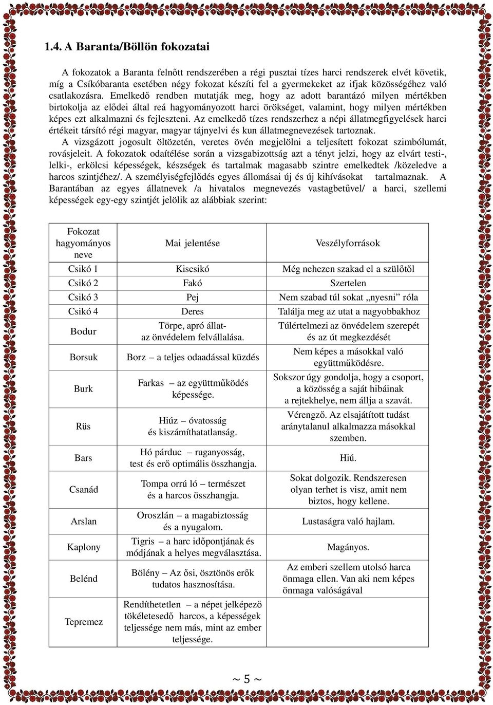 Emelkedı rendben mutatják meg, hogy az adott barantázó milyen mértékben birtokolja az elıdei által reá hagyományozott harci örökséget, valamint, hogy milyen mértékben képes ezt alkalmazni és