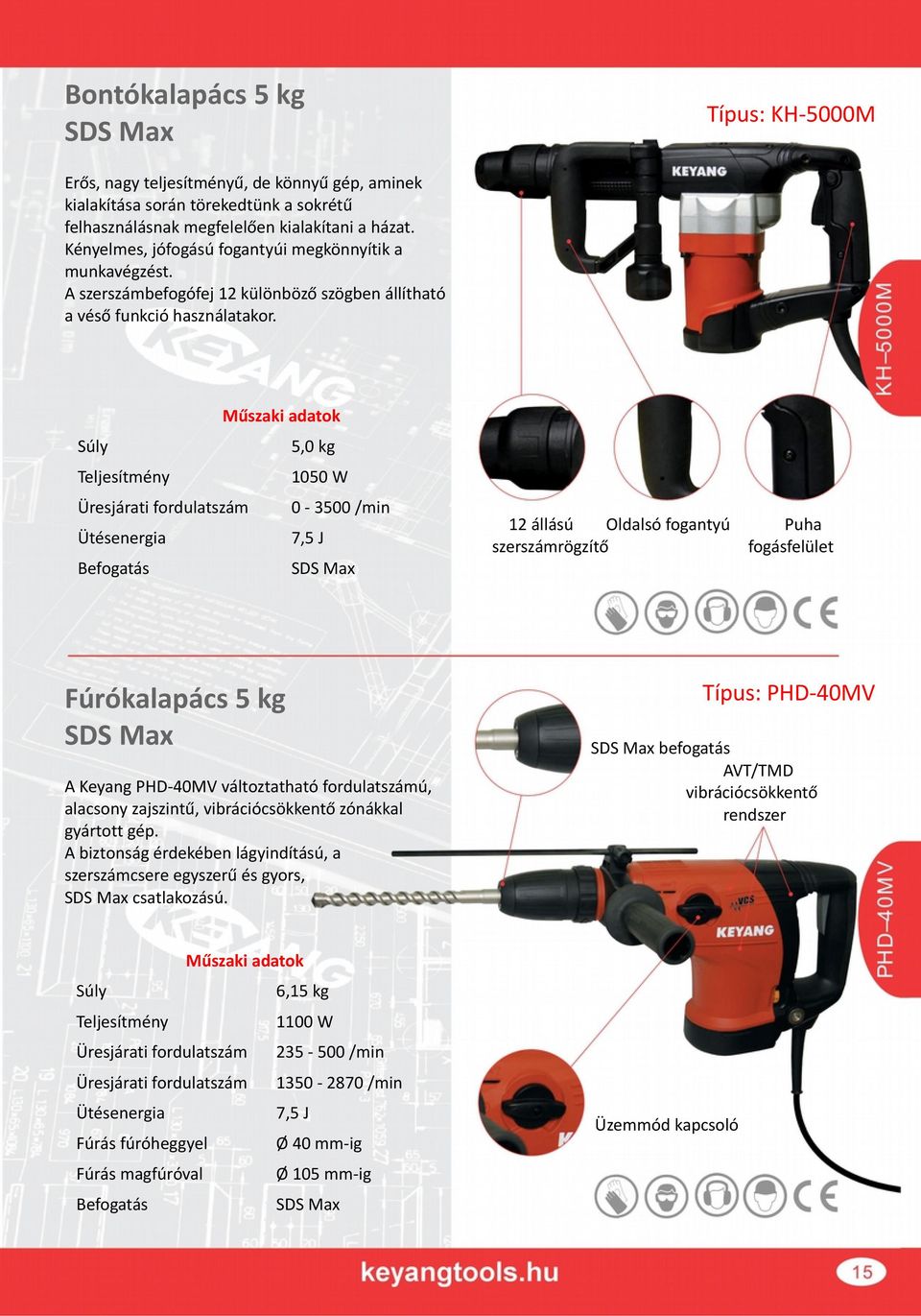 5,0 kg 1050 W Üresjárati fordulatszám 0-3500 /min Ütésenergia 7,5 J Befogatás SDS Max 12 állású Oldalsó fogantyú Puha szerszámrögzítő fogásfelület Fúrókalapács 5 kg SDS Max A Keyang PHD-40MV