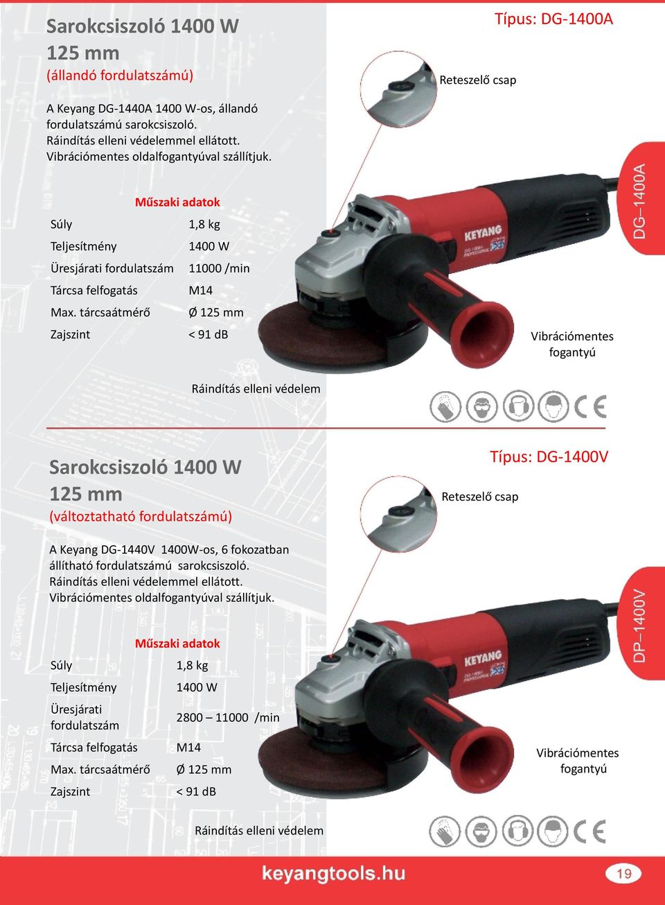 tárcsaátmérő Ø 125 mm < 91 db Vibrációmentes fogantyú Ráindítás elleni védelem Sarokcsiszoló 1400 W 125 mm (változtatható fordulatszámú) Reteszelő csap Típus: DG-1400V A Keyang DG-1440V 1400W-os, 6