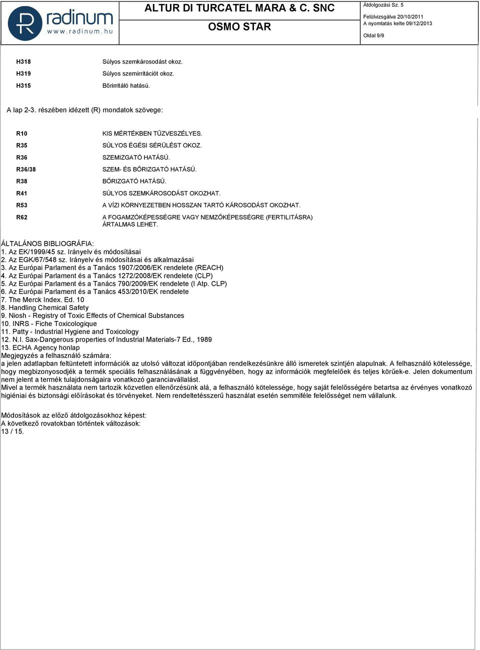 A FOGAMZÓKÉPESSÉGRE VAGY NEMZŐKÉPESSÉGRE (FERTILITÁSRA) ÁRTALMAS LEHET. ÁLTALÁNOS BIBLIOGRÁFIA: 1. Az EK/1999/45 sz. Irányelv és módosításai 2. Az EGK/67/548 sz.