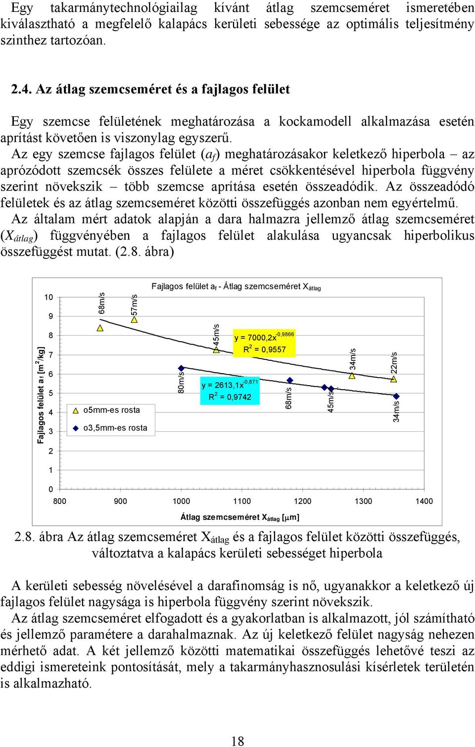 Az egy szemcse fajlagos felület (a f ) meghatározásakor keletkező hiperbola az aprózódott szemcsék összes felülete a méret csökkentésével hiperbola függvény szerint növekszik több szemcse aprítása