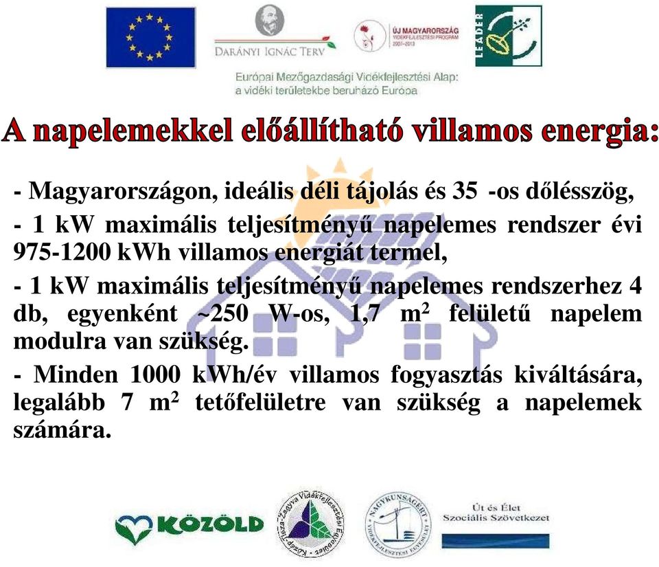 napelemes rendszerhez 4 db, egyenként ~250 W-os, 1,7 m 2 felületű napelem modulra van szükség.