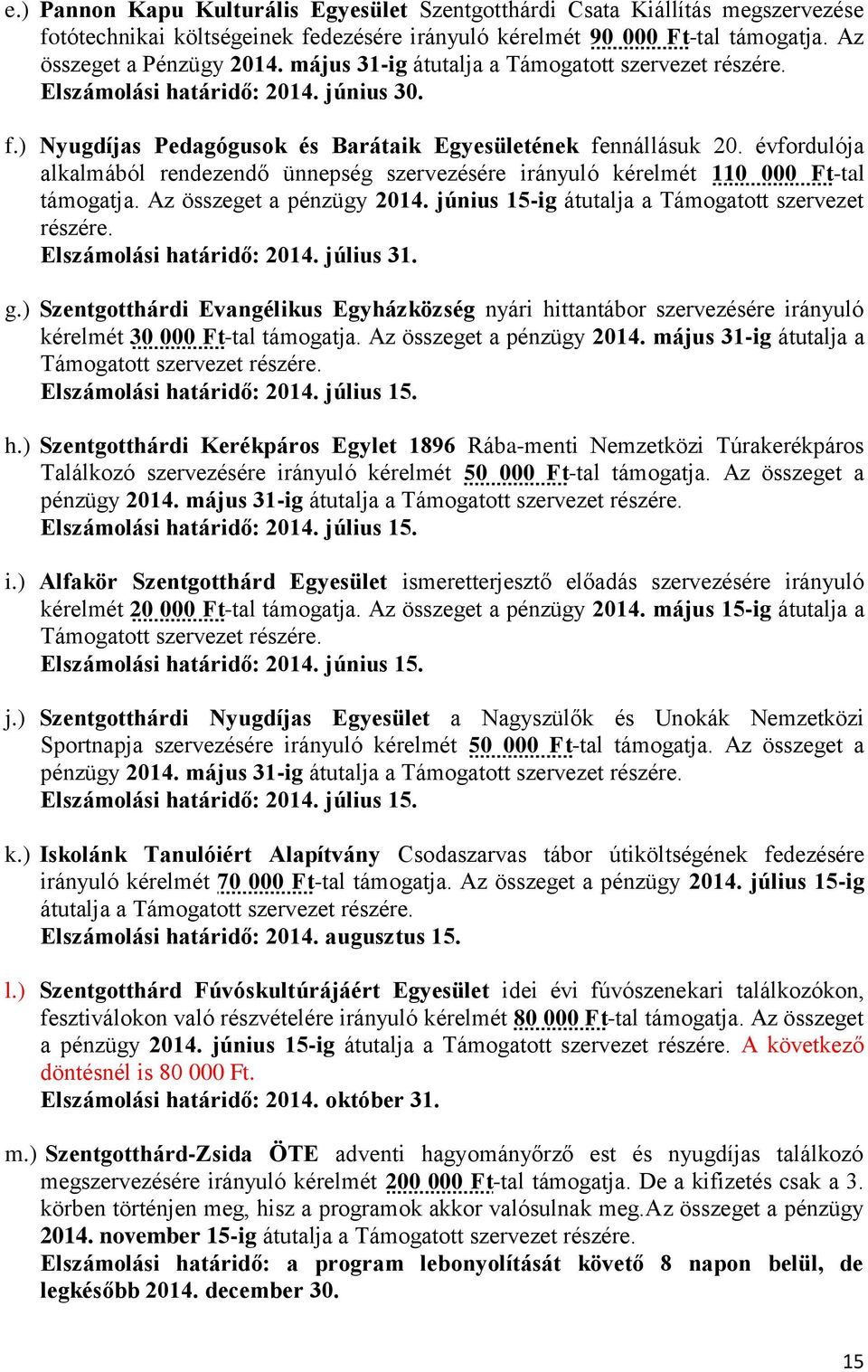 évfordulója alkalmából rendezendő ünnepség szervezésére irányuló kérelmét 110 000 Ft-tal támogatja. Az összeget a pénzügy 2014. június 15-ig átutalja a Támogatott szervezet részére.