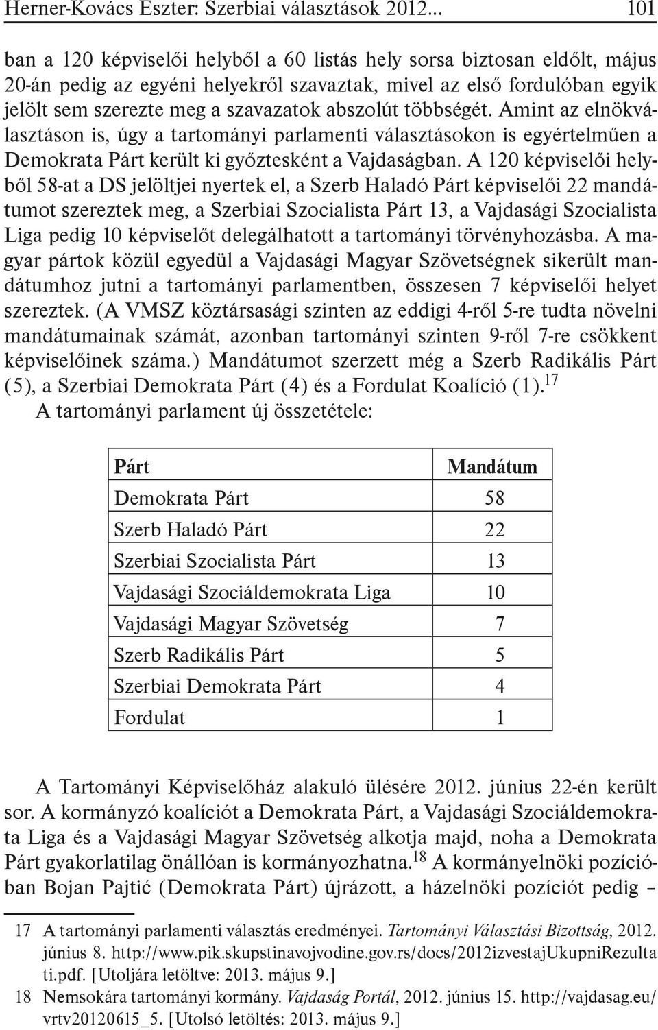 abszolút többségét. Amint az elnökválasztáson is, úgy a tartományi parlamenti választásokon is egyértelműen a Demokrata Párt került ki győztesként a Vajdaságban.