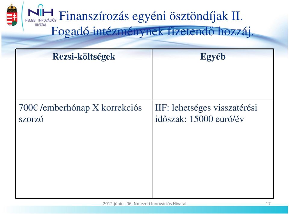 Rezsi-költségek Egyéb 700 /emberhónap X korrekciós szorzó