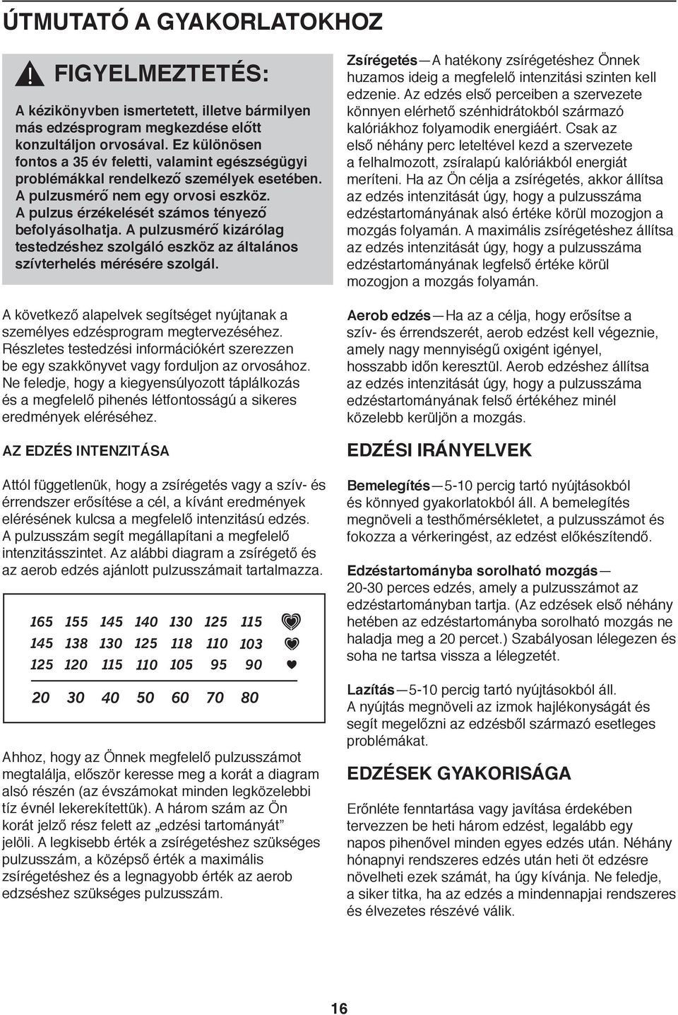 A pulzusmérő kizárólag testedzéshez szolgáló eszköz az általános szívterhelés mérésére szolgál. A következő alapelvek segítséget nyújtanak a személyes edzésprogram megtervezéséhez.