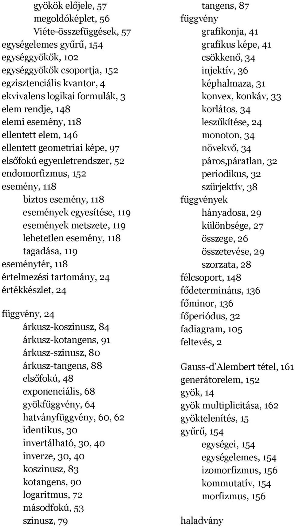 metszete, 119 lehetetlen esemény, 118 tagadása, 119 eseménytér, 118 értelmezési tartomány, 24 értékkészlet, 24 függvény, 24 árkusz-koszinusz, 84 árkusz-kotangens, 91 árkusz-szinusz, 80