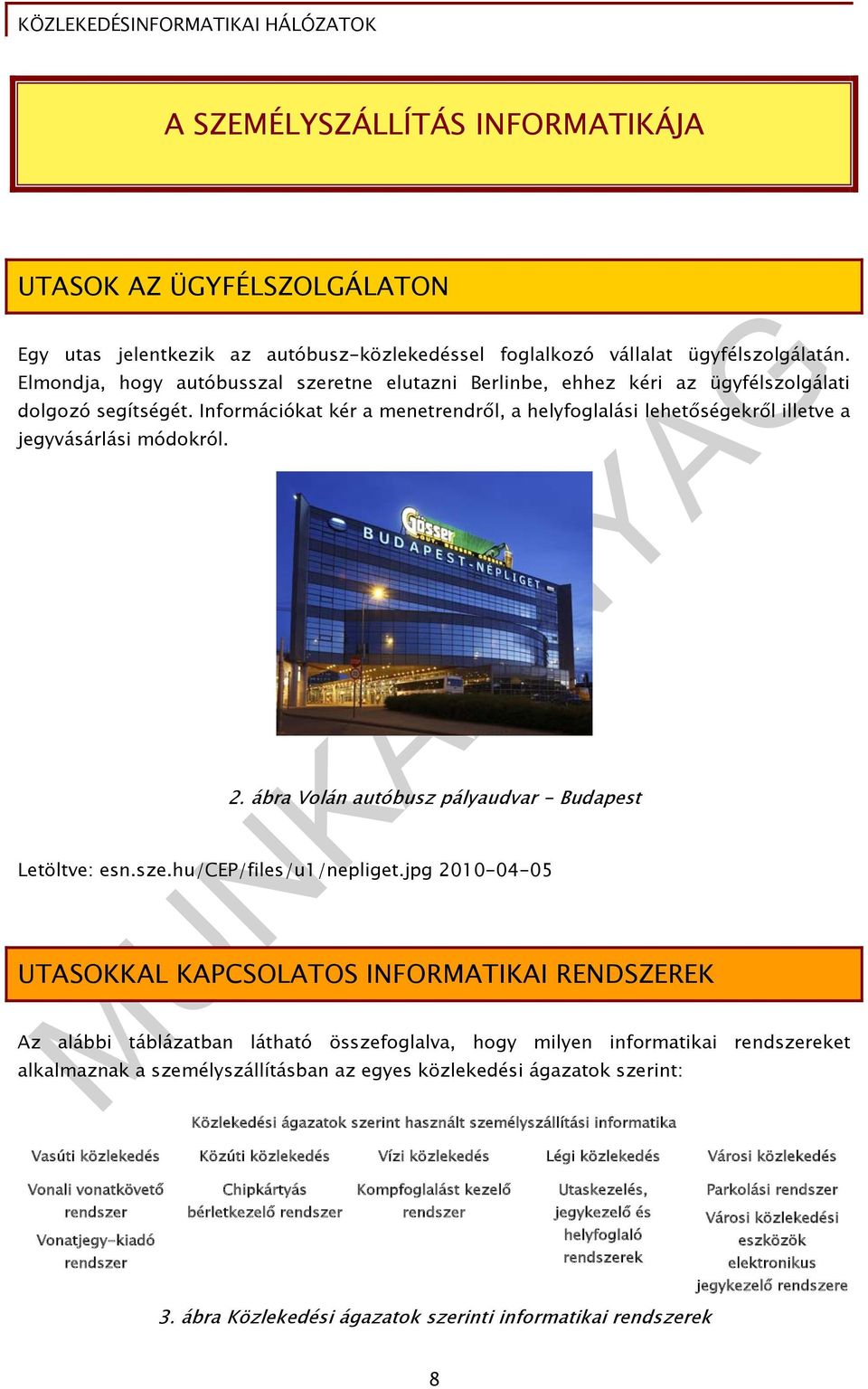 Információkat kér a menetrendről, a helyfoglalási lehetőségekről illetve a jegyvásárlási módokról. 2. ábra Volán autóbusz pályaudvar - Budapest Letöltve: esn.sze.hu/cep/files/u1/nepliget.