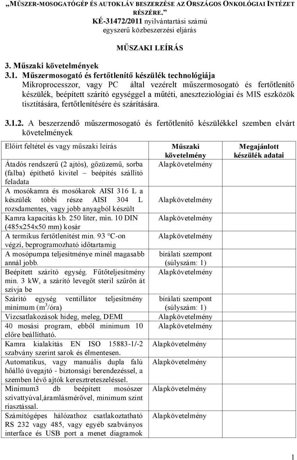 nyilvántartási számú egyszerű közbeszerzési eljárás MŰSZAKI LEÍRÁS 3. Műszaki követelmények 3.1.