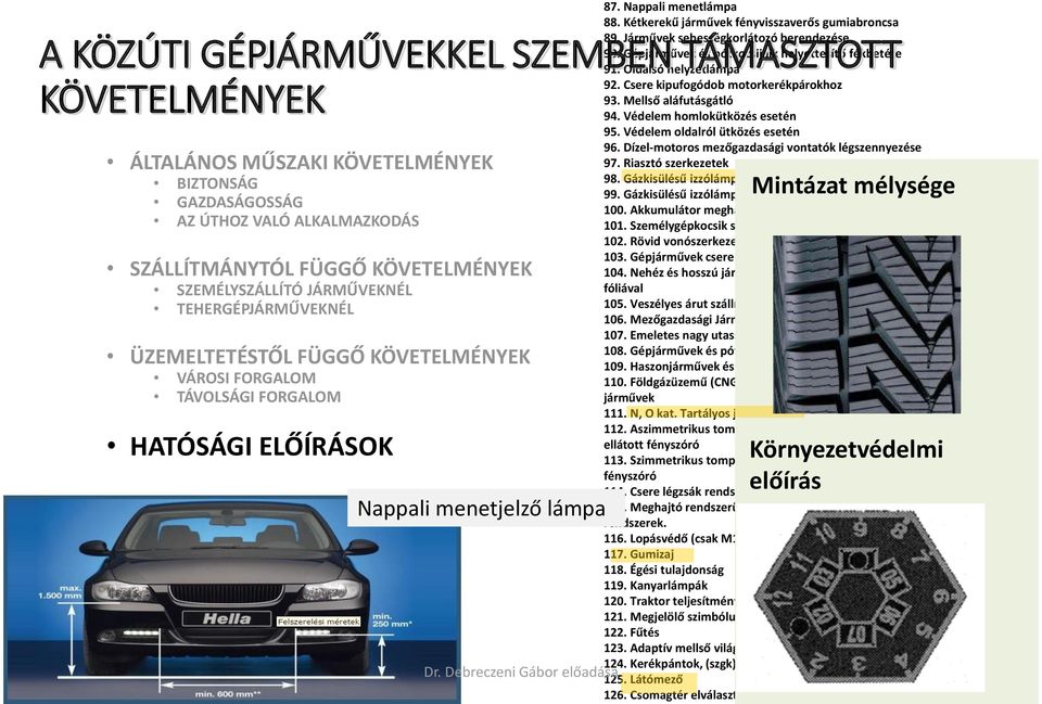 Dízel-motoros mezőgazdasági vontatók légszennyezése 97. Riasztó szerkezetek 98. Gázkisülésű izzólámpás fényszórók 99. Gázkisülésű izzólámpa Mintázat mélysége 100.