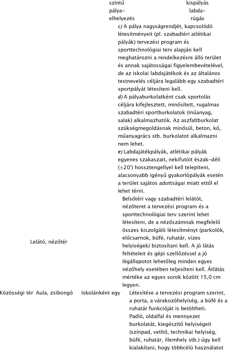 és az általános testnevelés céljára legalább egy szabadtéri sportpályát létesíteni kell.