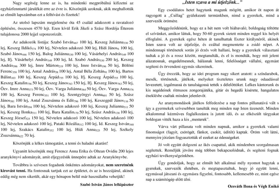 Az adakozók listája: Szabó István 467 100 lej, Keszeg Juliánna 330 50 lej, Keszeg Ildikó 374 100 lej, Névtelen adakozó 300 lej, Hídi János 6 100 lej, Szabó János 446 150 lej, Balog Juliánna 330 100