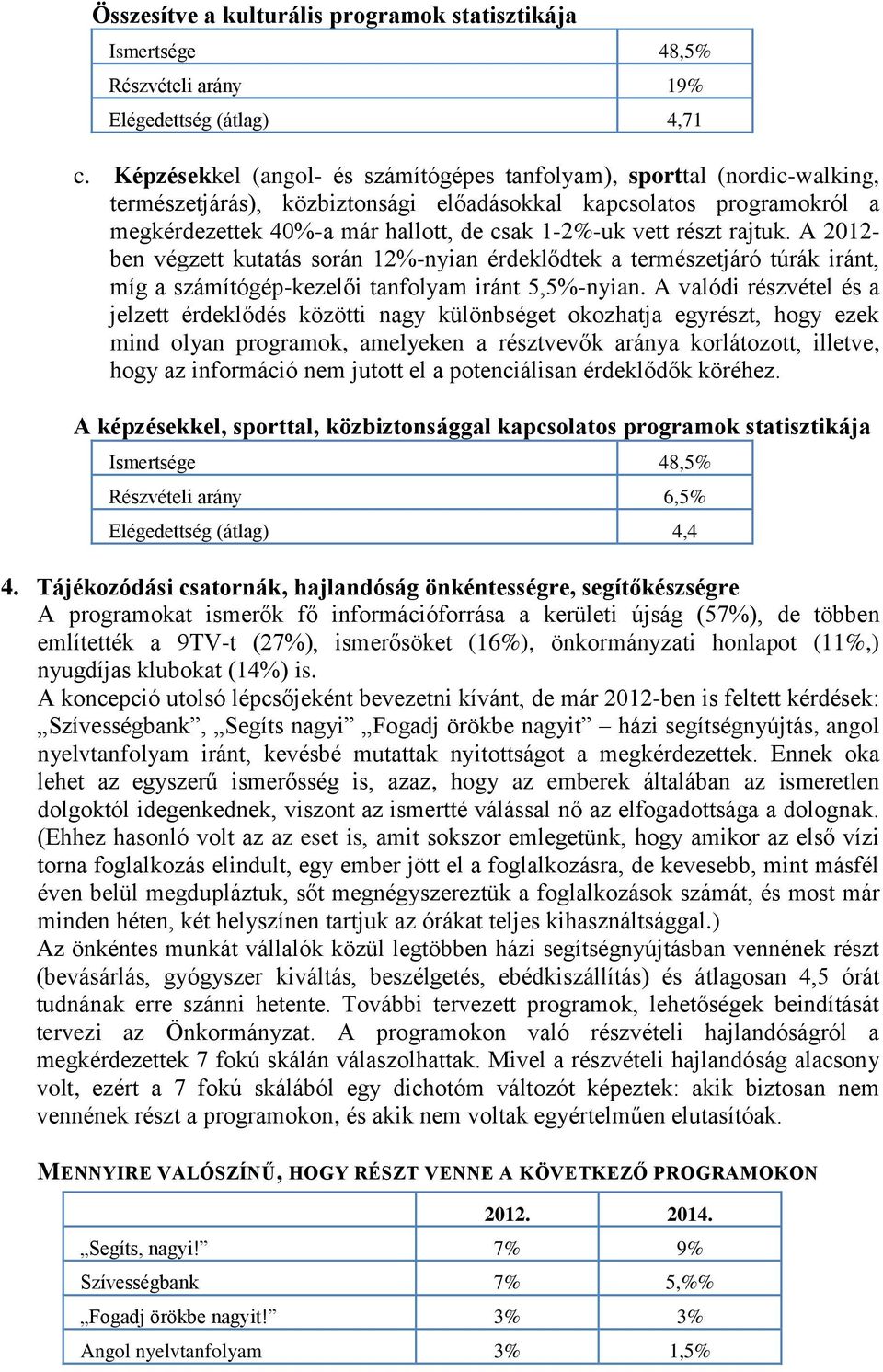 részt rajtuk. A 2012- ben végzett kutatás során 12%-nyian érdeklődtek a természetjáró túrák iránt, míg a számítógép-kezelői tanfolyam iránt 5,5%-nyian.