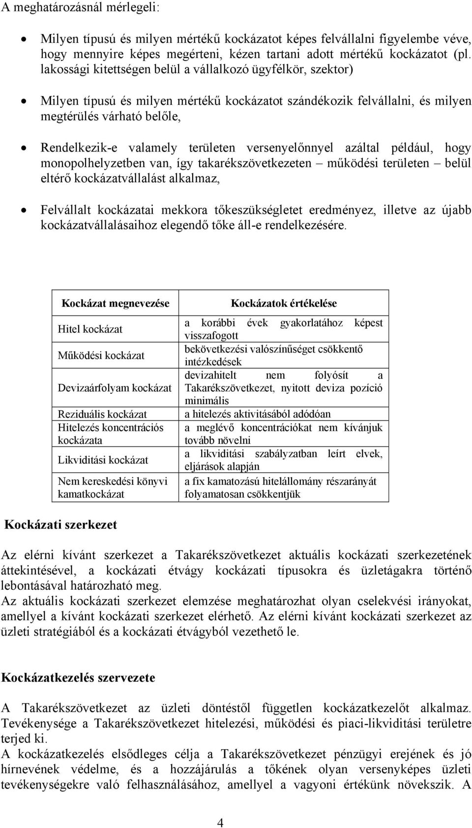 versenyelőnnyel azáltal például, hogy monopolhelyzetben van, így takarékszövetkezeten működési területen belül eltérő kockázatvállalást alkalmaz, Felvállalt kockázatai mekkora tőkeszükségletet