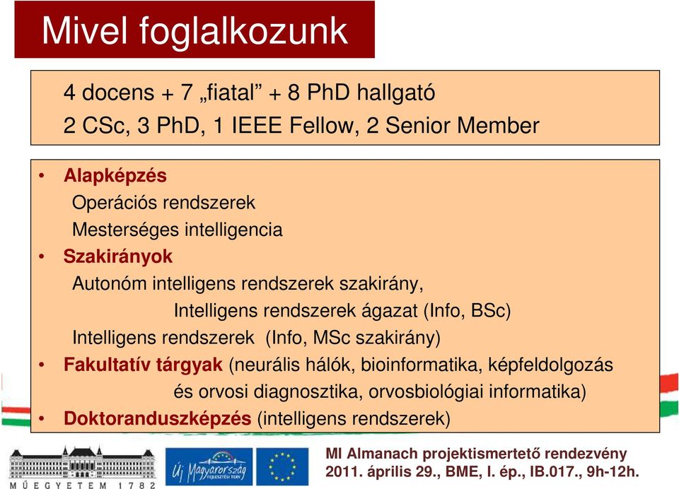 rendszerek ágazat (Info, BSc) Intelligens rendszerek (Info, MSc szakirány) Fakultatív tárgyak (neurális hálók,