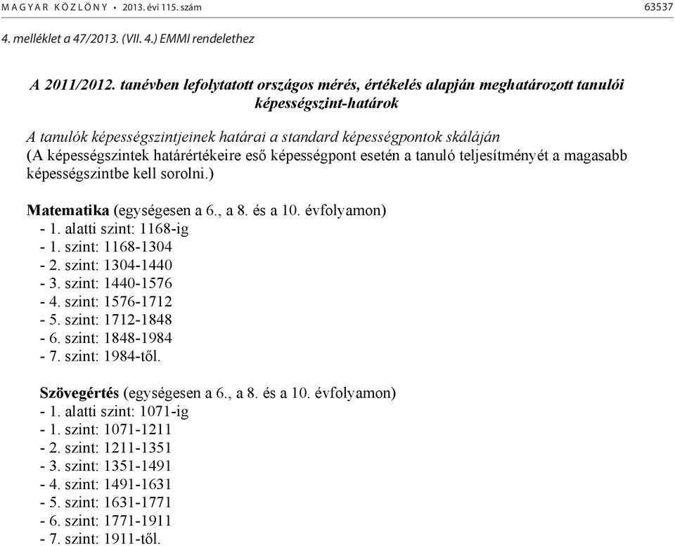 határértékeire es képességpont esetén a tanuló teljesítményét a magasabb képességszintbe kell sorolni.) Matematika (egységesen a 6., a 8. és a 10. évfolyamon) - 1. alatti szint: 1168-ig - 1.