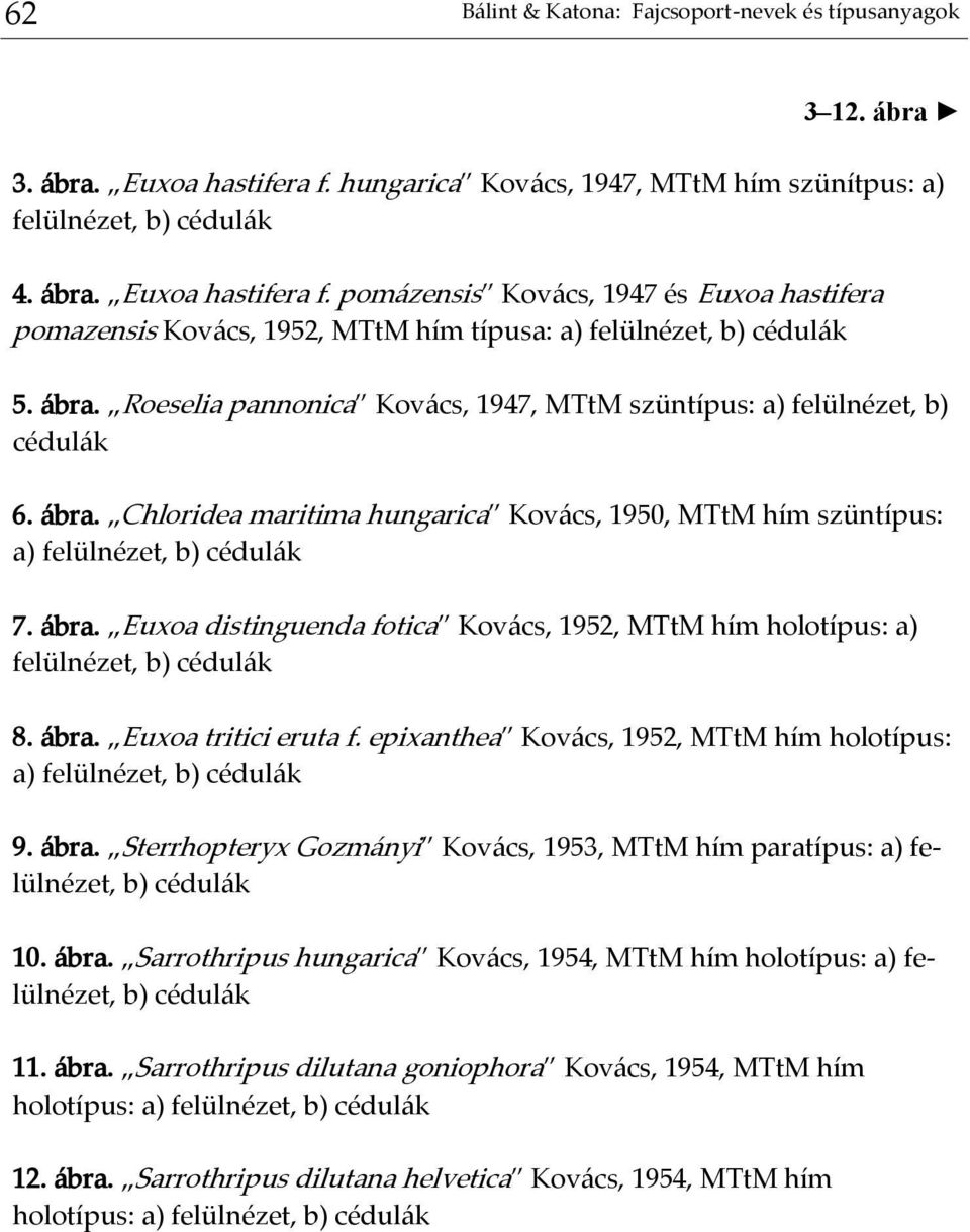 pomázensis Kovács, 1947 és Euxoa hastifera pomazensis Kovács, 1952, MTtM hím típusa: a) felülnézet, b) cédulák 5. ábra. Roeselia pannonica Kovács, 1947, MTtM szüntípus: a) felülnézet, b) cédulák 6.