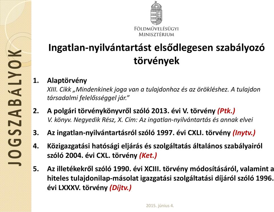 Cím: Az ingatlan-nyilvántartás és annak elvei 3. Az ingatlan-nyilvántartásról szóló 1997. évi CXLI. törvény (Inytv.) 4.