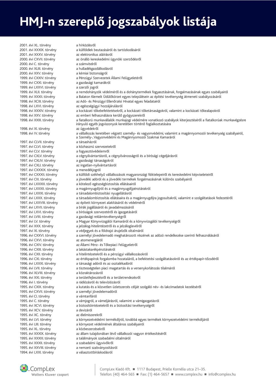 törvény a Pénzügyi Szervezetek Állami Felügyeletéről 1999. évi CXXI. törvény a gazdasági kamarákról 1999. évi LXXVI. törvény a szerzői jogról 1999. évi XLII.